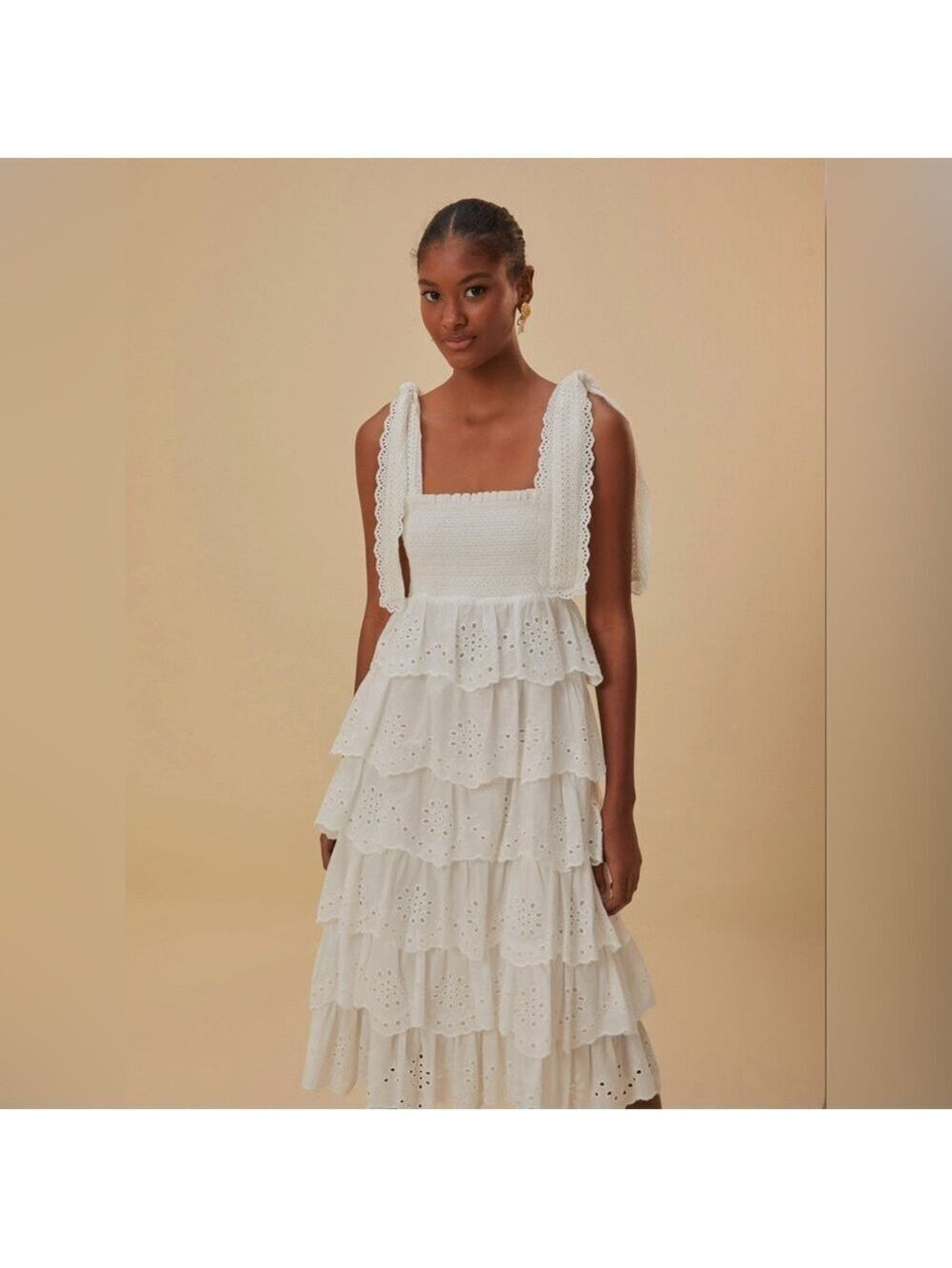 Farm Rio Off-White Embroidered Ruffle Midi Dress - Picture 4 of 11